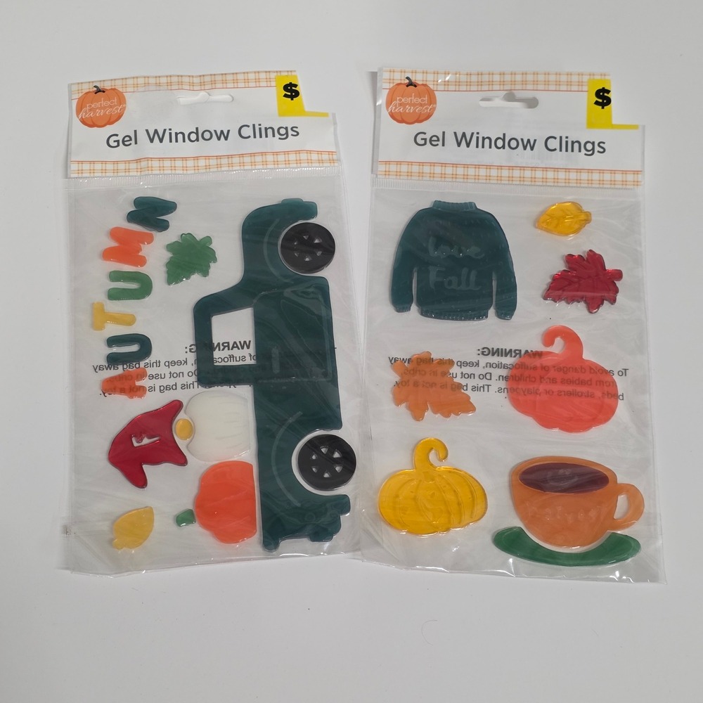 Perfect Harvest Gel Window Clings Set of 2 Fall Autumn Truck Gnome Pumpkin Leaf